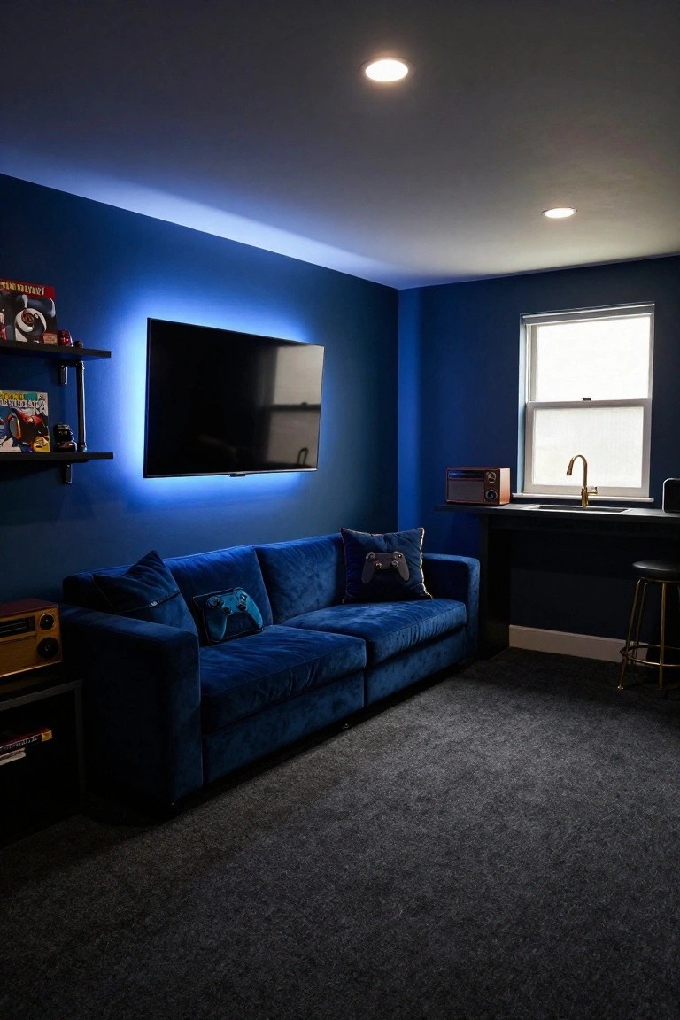 Navy blue indoor gaming room with velvet sectional sofa, wall-mounted TV surrounded by blue LED lighting, floating shelves holding gaming figures and collectibles, and a black bar counter with sink and bar stools.