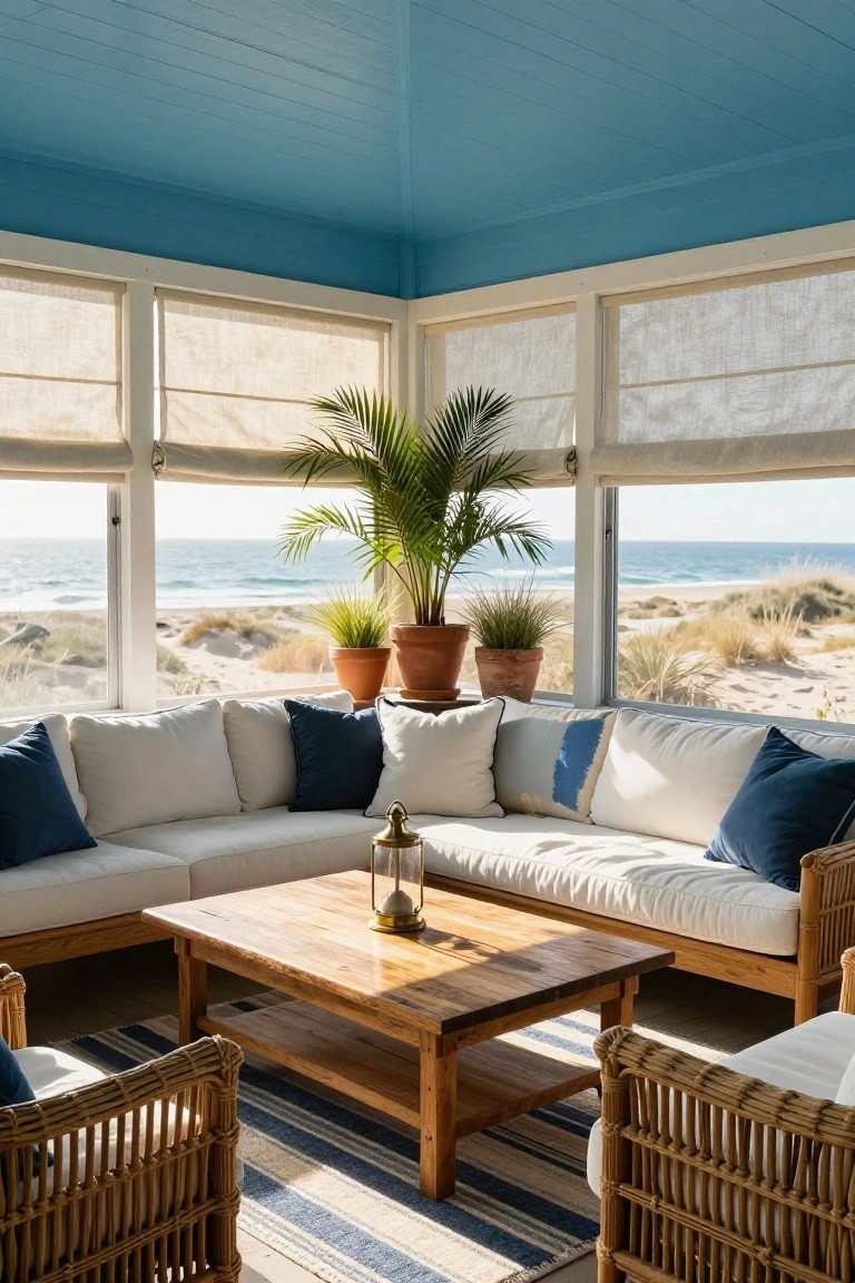 Screened porch corner with blue wooden ceiling, white L-shaped sofa with blue and white pillows, wooden coffee table holding a lantern, wicker armchairs, potted palms and grasses, linen shades on windows, and view of beach dunes and ocean.