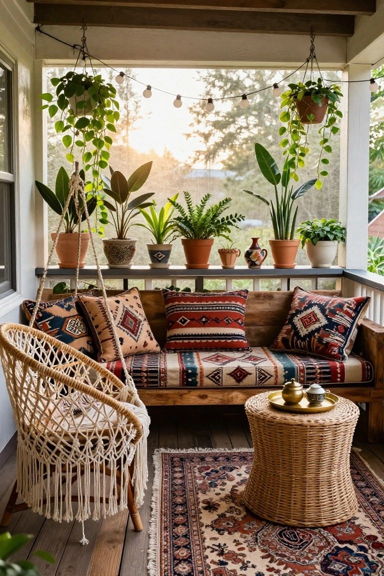 Screened porch with wooden bench piled with colorful patterned cushions, rattan hanging chair, multiple potted and hanging plants on shelves, string lights overhead, woven side table, and patterned rug on wooden floor.
