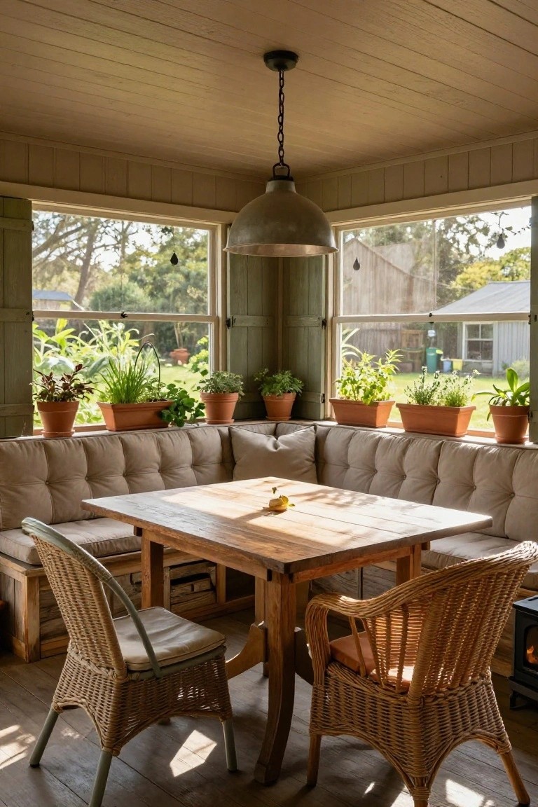 Sunlit corner of a screened porch with beige cushioned built-in benches around a wooden table, potted plants on windowsills, wicker chairs, and a pendant light overhead.