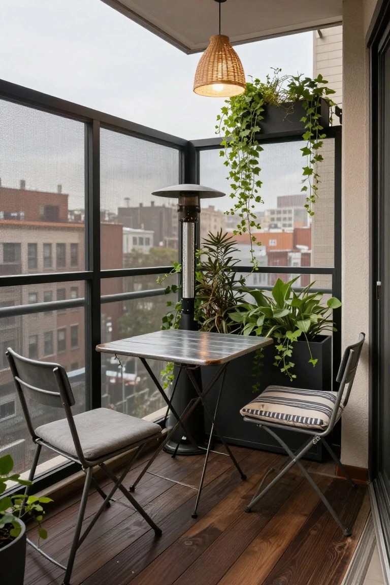 A small screened balcony with a square metal bistro table, two folding chairs with gray and striped cushions, potted plants, ivy vines on railings, a patio heater, and a woven pendant light overlooking city buildings.