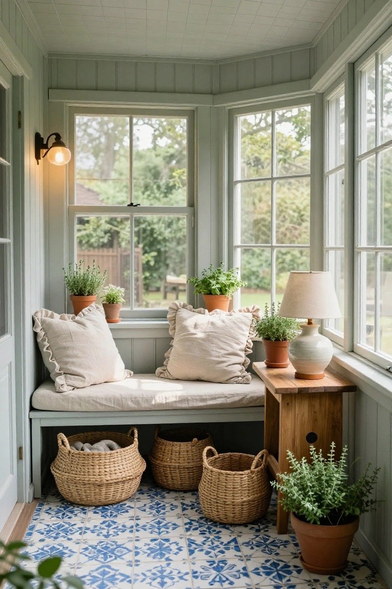 Light green paneled screened porch with built-in bench seat under multi-pane windows, ruffled pillows, potted plants on windowsills and table, wicker baskets on floor, wood side table with lamp, and blue patterned tile floor.