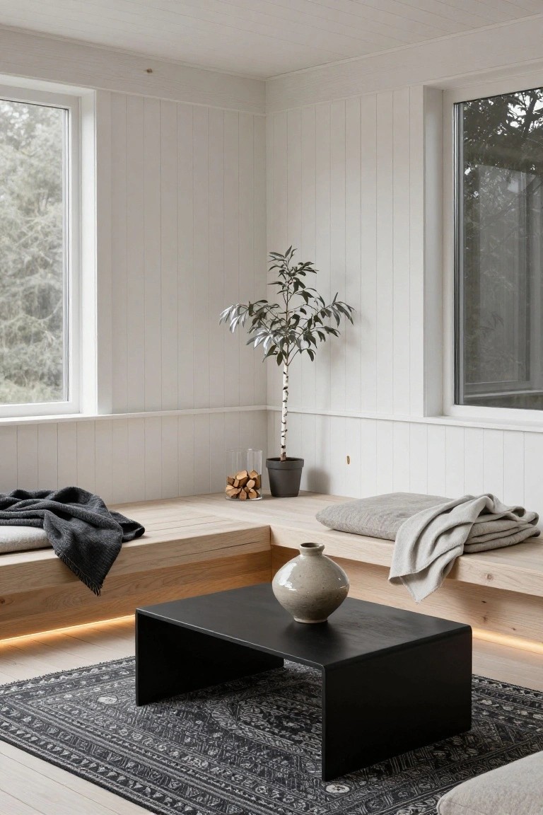 Corner interior with light wooden built-in benches covered in gray and black blankets, low black table topped with a beige ceramic vase, potted olive tree, glass vase of firewood, white vertical paneled walls, large windows with views of trees, and dark patterned rug on light floors.