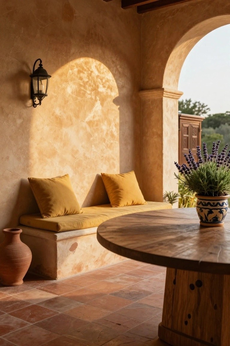 Sunlit outdoor porch alcove with arched walls, built-in bench topped by yellow cushions, round wooden table with blue-and-white potted plant, lavender bouquet, rosemary plant, two terracotta pots, wall lantern, and view of trees through archway.