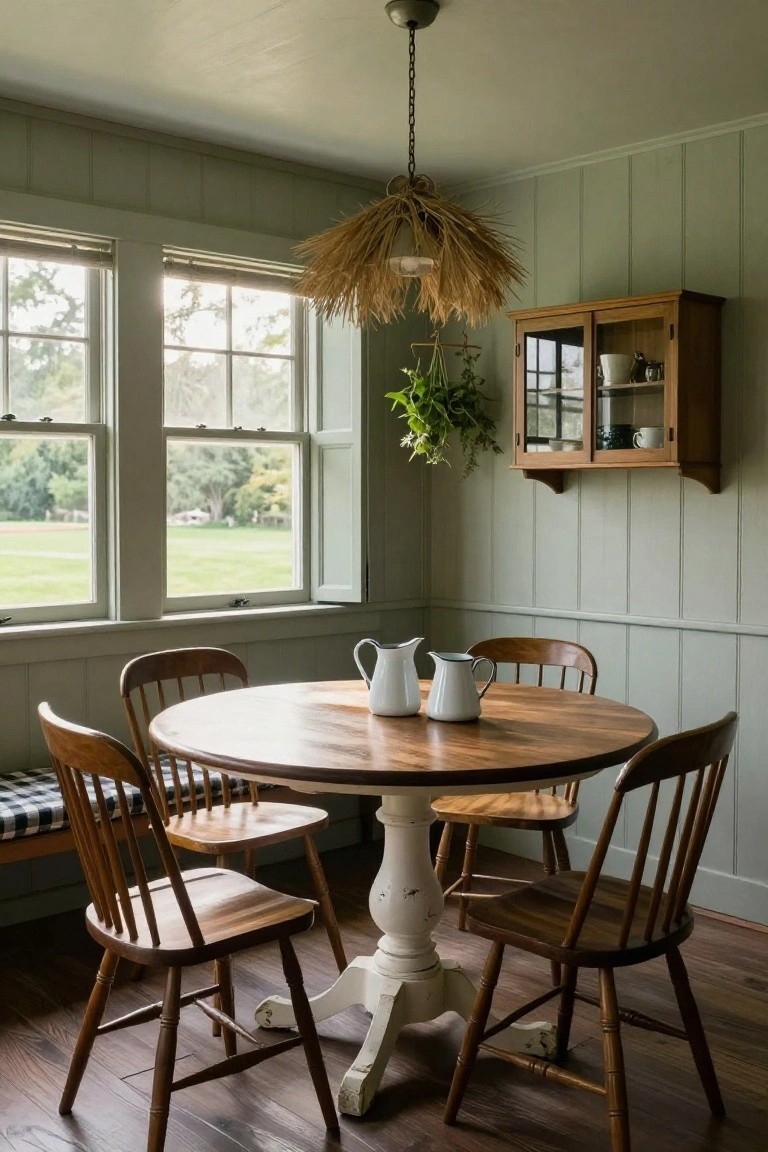 Cozy dining nook with a round wooden table, four wooden chairs, and a hanging lamp.