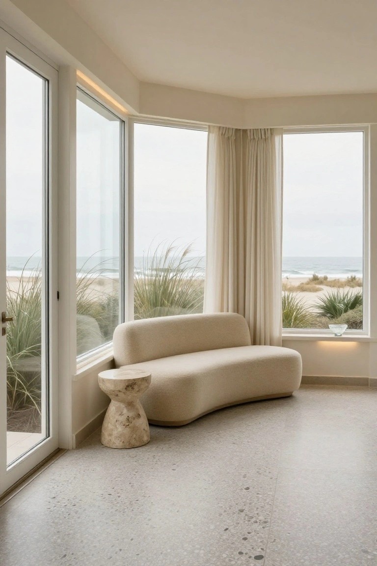 Beige curved sofa and stone pedestal side table in a light corner room with large windows and doors overlooking beach dunes, sea grass, and ocean.