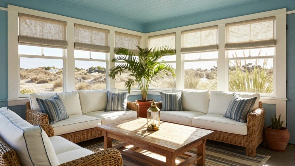 Screened porch corner with blue wooden ceiling, white L-shaped sofa with blue and white pillows, wooden coffee table holding a lantern, wicker armchairs, potted palms and grasses, linen shades on windows, and view of beach dunes and ocean.
