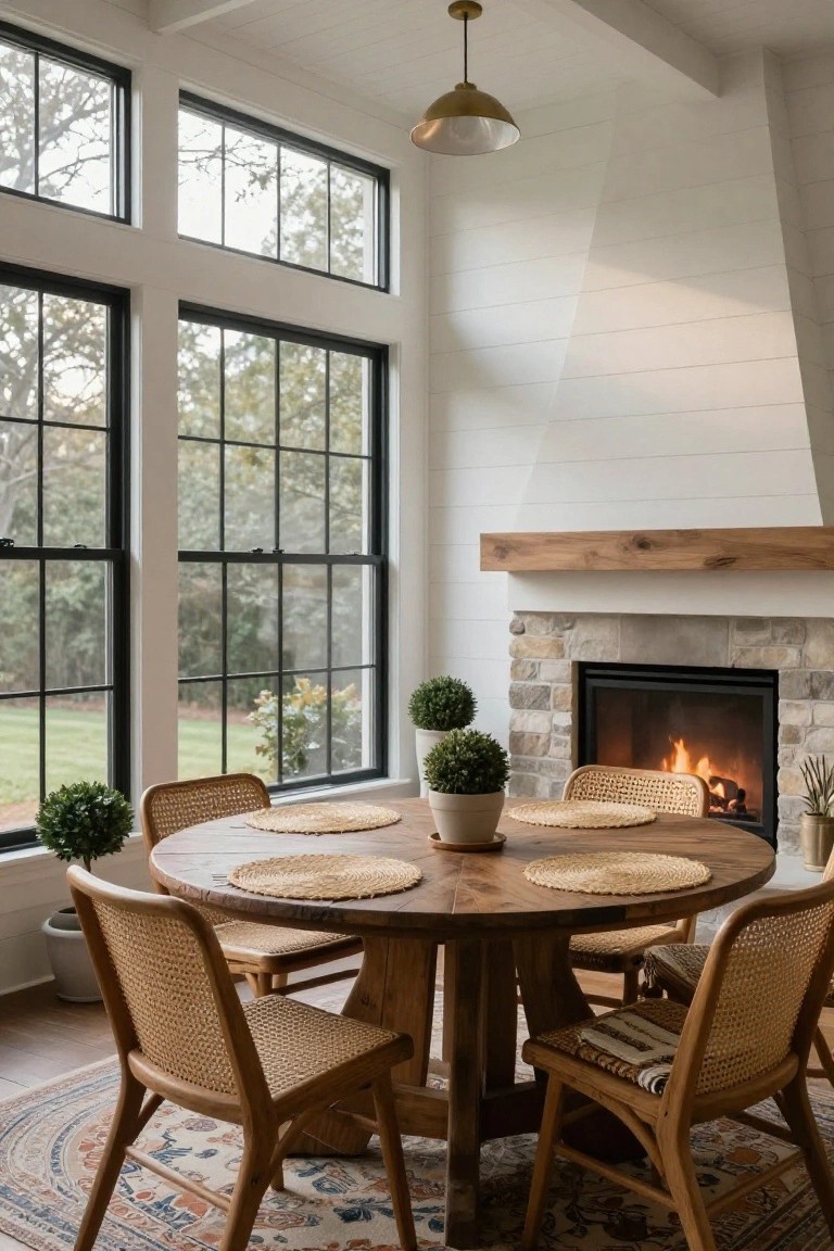 Sunroom interior with white shiplap walls, large black-framed grid windows overlooking a yard, stone fireplace with wood mantel and lit fire, round wooden pedestal table with rattan chairs, seagrass placemats, and potted boxwood plants.