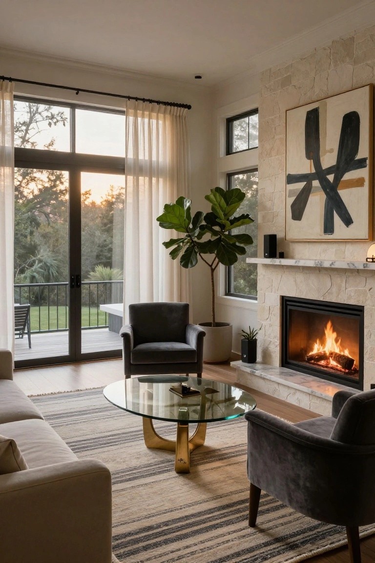 Modern living room with beige sofa, two gray velvet armchairs, glass coffee table with gold legs, stone fireplace with burning logs, large glass doors with sheer curtains opening to deck and trees, potted fiddle leaf fig plant nearby.