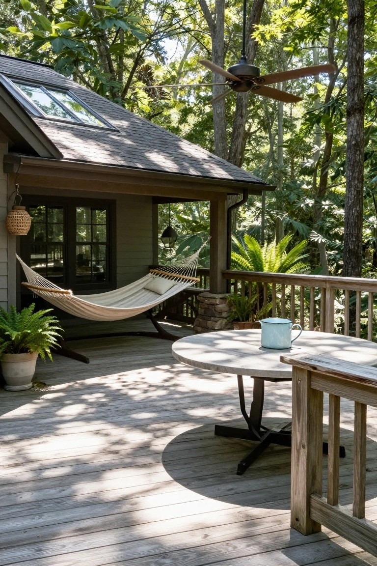 Screened porch deck with white hammock on stand, round white table holding blue enamelware pitcher, potted ferns, wooden railing, hanging lantern, and surrounding trees.