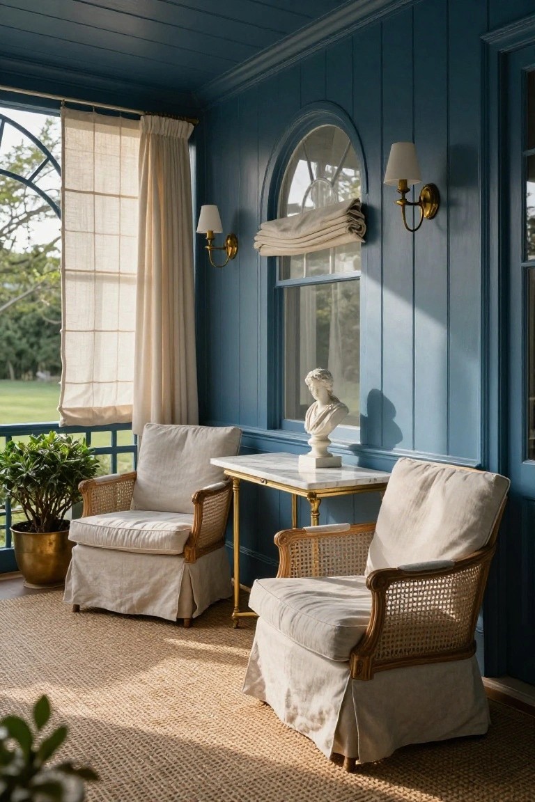 Screened porch featuring navy blue paneled walls and ceiling, two cream slipcovered rattan armchairs flanking a small marble-topped gilded table with a white bust sculpture, sheer curtains on arched windows, wall sconces, potted plants in brass pots, seagrass rug, and views of greenery through screens.