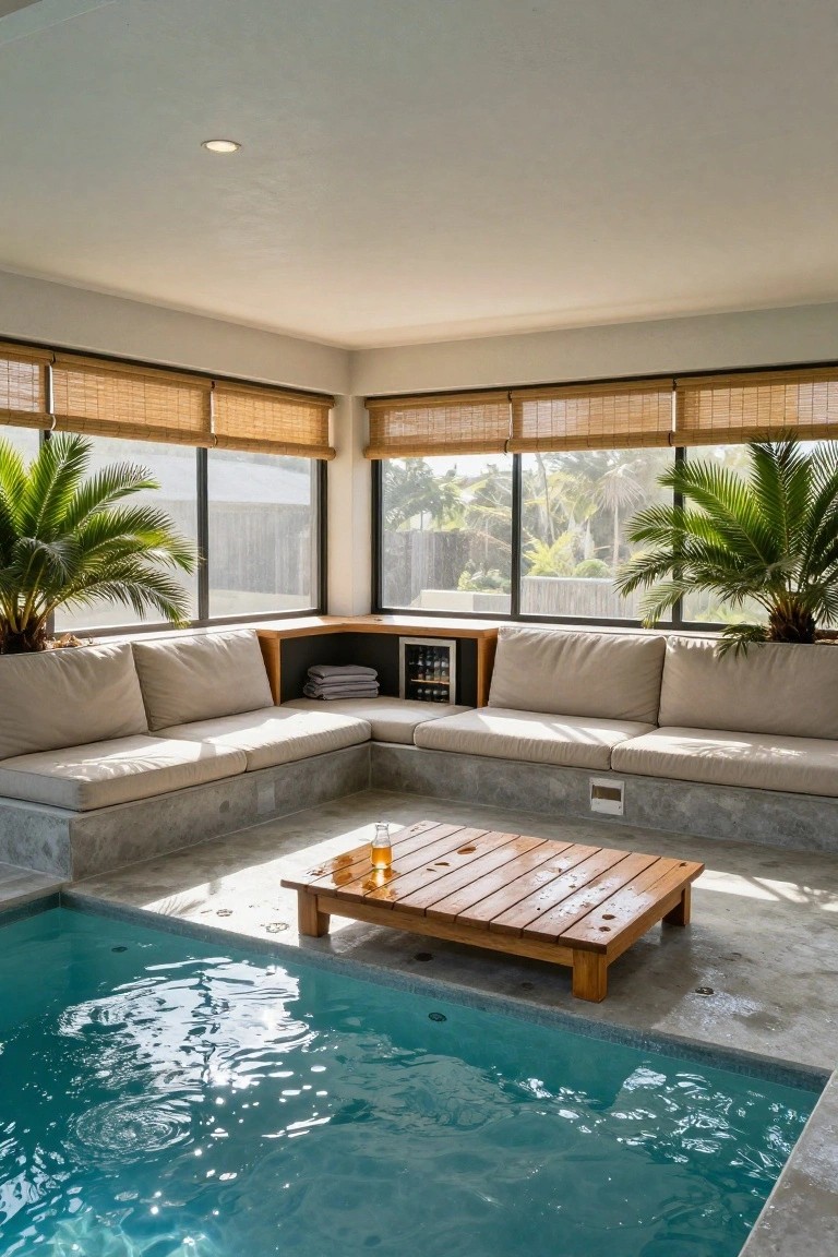 Sunroom with L-shaped beige cushioned seating on low concrete base surrounding a turquoise plunge pool, wooden table with glass, built-in wine cooler, potted palms, bamboo blinds on glass walls, and tropical palms visible outside.