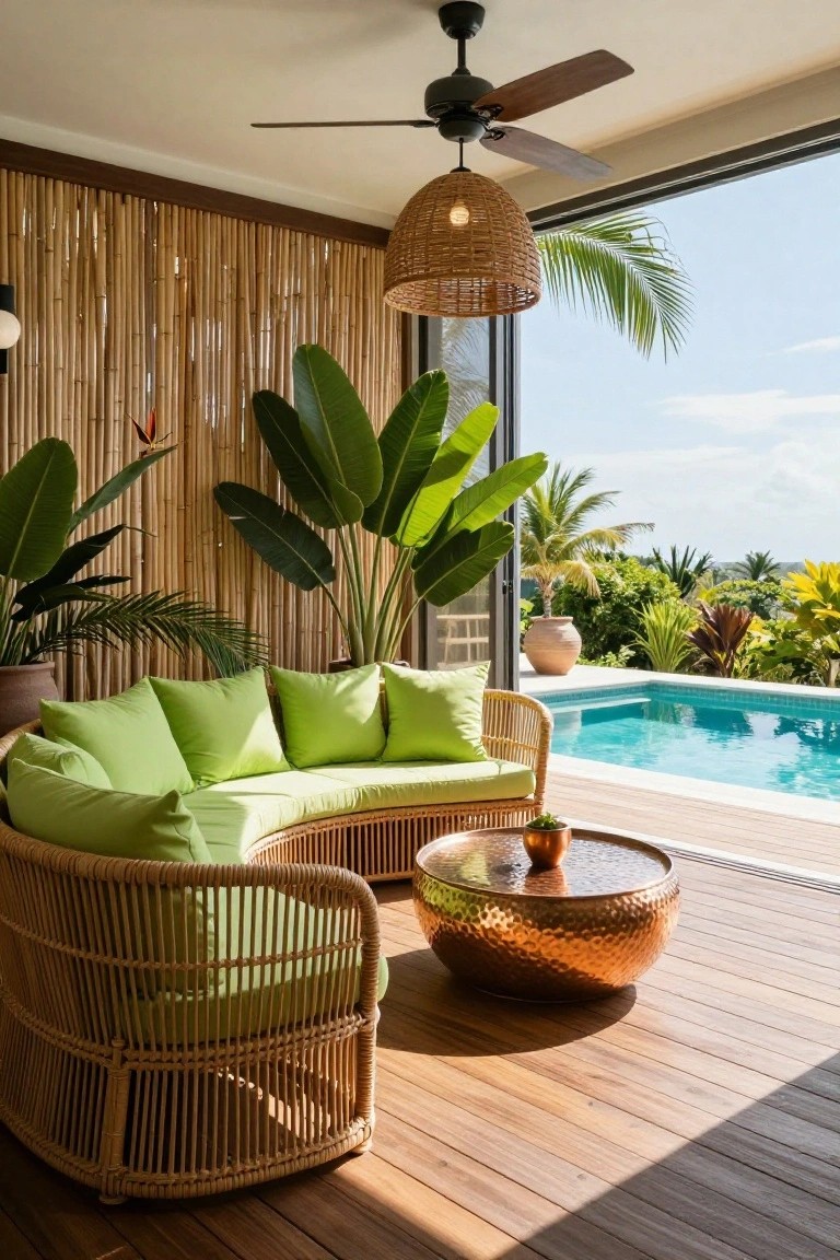 Curved lime green rattan sofa and armchair on a wooden deck in a screened porch with bamboo walls, potted plants, ceiling fan, woven pendant light, hammered copper table, and view to turquoise pool amid tropical landscaping.