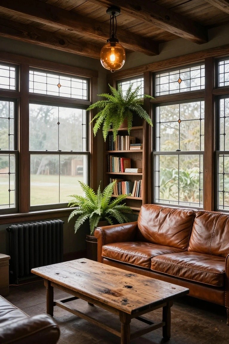 Interior sunroom with exposed wooden ceiling beams, large leaded glass windows overlooking greenery, built-in wooden bookshelves with books and potted ferns, tan leather sofa, rustic wooden coffee table, and black radiator.