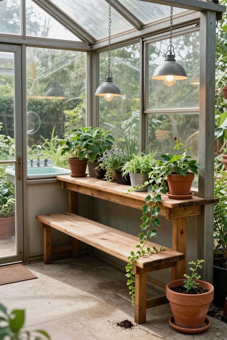 Glass greenhouse interior with wooden potting bench featuring sink, potted plants on shelves, trailing ivy, wooden bench seat, and pendant lights overhead.