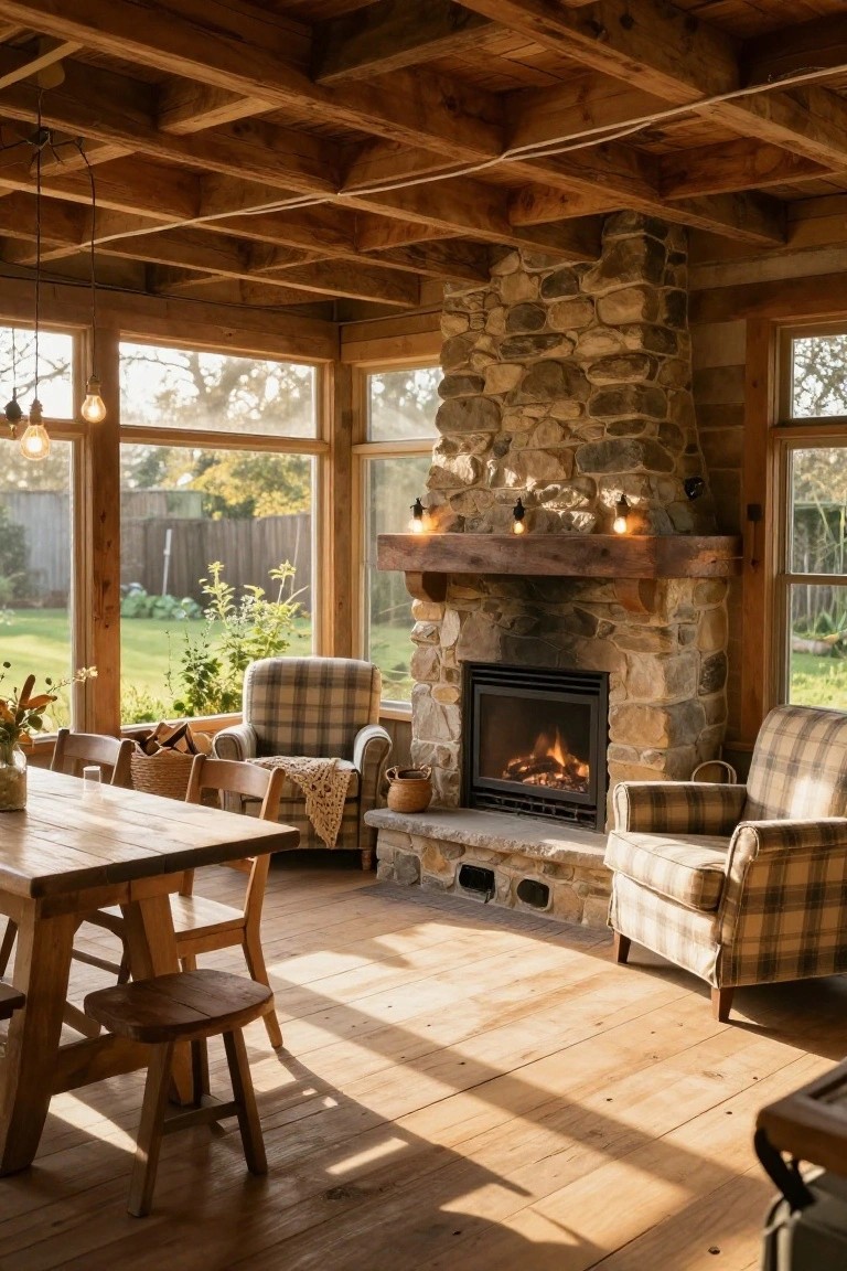 Sunlit interior of a wood-beamed sunroom with a large fieldstone fireplace featuring a gas fire, wooden dining table and stools, plaid armchairs with throws, potted plants, woven baskets, and large windows overlooking a green garden and fence.