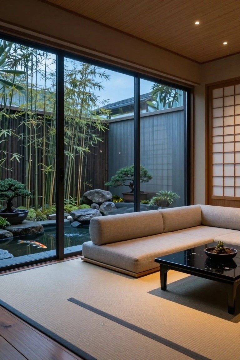 Modern Japanese-style interior room featuring a low beige L-shaped sofa, black rectangular low table on tatami mats, large floor-to-ceiling glass walls overlooking a garden with bamboo fence, bonsai trees, rocks, koi pond, and a wooden shoji screen divider.