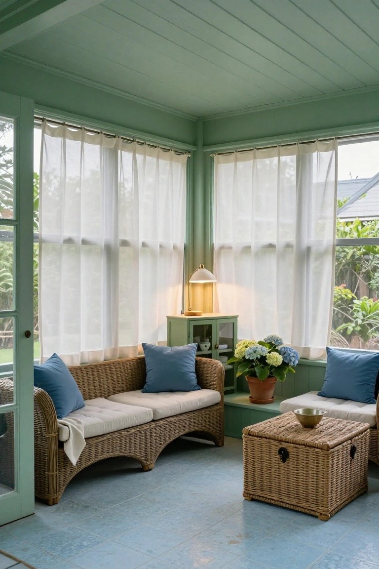 Screened porch interior with mint green painted wood-paneled walls and ceiling, curved wicker sofa with white cushions and blue throw pillows, matching wicker armchair, woven trunk table, potted blue hydrangeas, white sheer curtains on windows, and blue tiled floor.