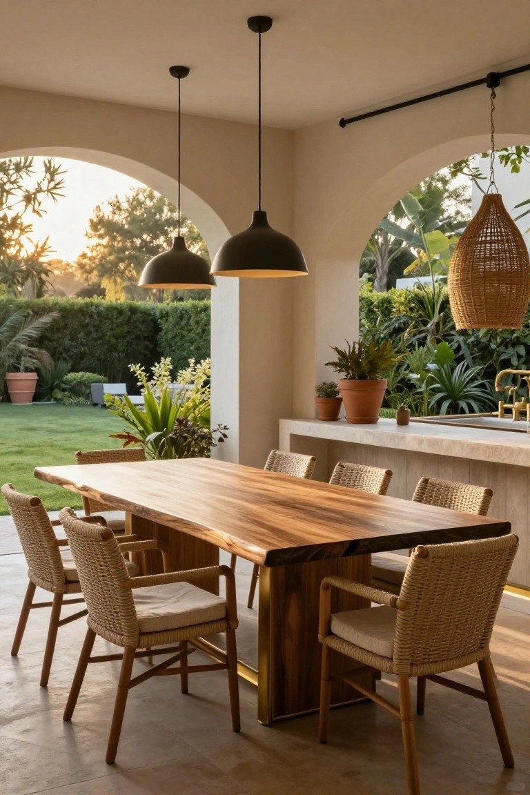 Covered outdoor porch featuring a large live-edge wooden dining table with six rattan chairs, next to a stone kitchen counter, with arches opening to a lush backyard garden.