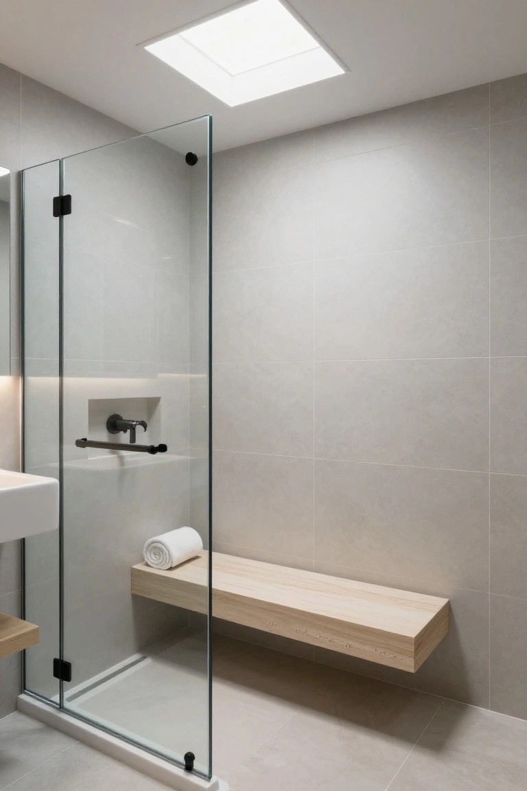 Modern minimalist bathroom with frameless glass shower enclosure, built-in light wood bench inside shower, wall-mounted black faucet, white sink, neutral gray tiled walls and floor.