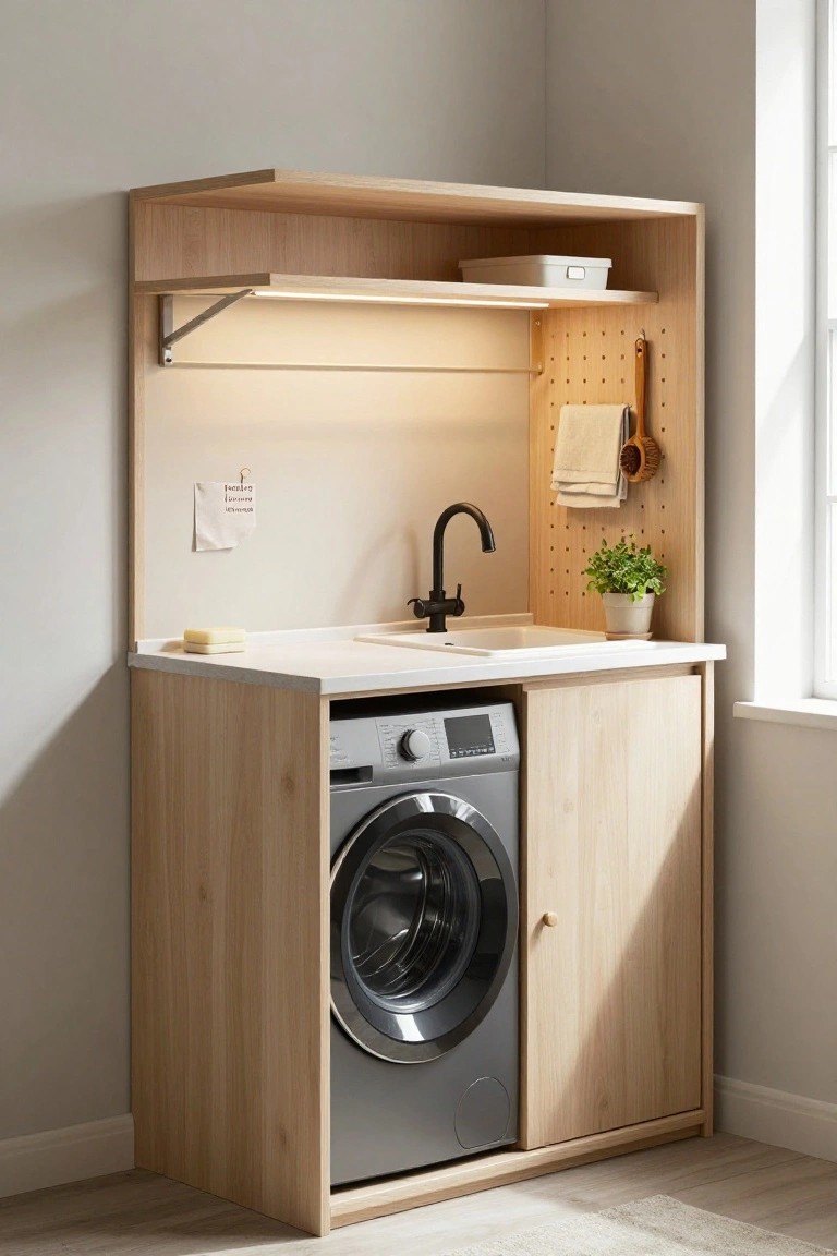 Light wood corner cabinetry integrating a front-loading washer below a white countertop utility sink, with overhead shelf, under-cabinet LED lighting, pegboard wall with utensils and towels, soap bar, note, and potted plant in a white-walled room with window.