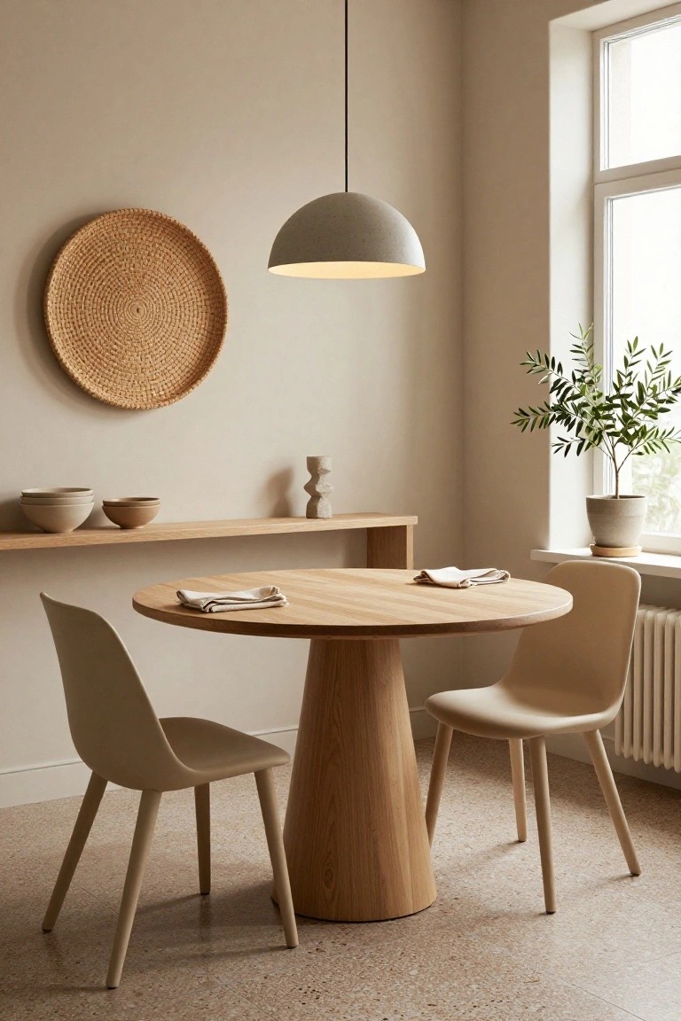 A minimalist beige dining corner with a round oak pedestal table, two beige molded plastic chairs, wooden floating shelves holding ceramic bowls and a sculptural candle holder, a large woven wall basket, an olive tree in a gray pot by the window, and a concrete pendant lamp overhead.