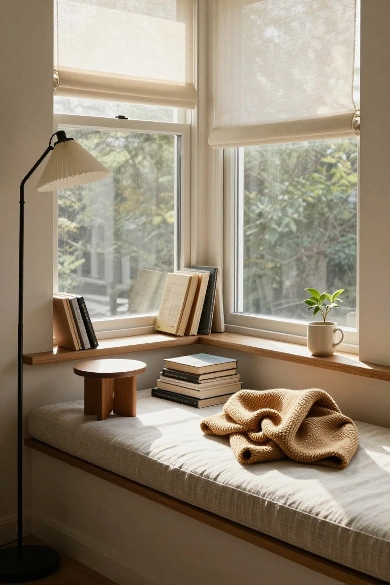 Beige cushioned window bench with wooden shelves holding stacked books, small wooden stool, cream floor lamp with pleated shade, potted plant and mug on windowsill, folded knit blanket on bench, sheer blinds, and trees visible outside.