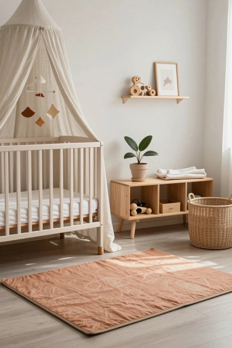 Minimalist nursery room with white wooden crib under cream fabric canopy and mobile, wooden shelves holding toys, mid-century changing table, potted plant, woven basket, and terracotta-patterned rug on light wood floor.