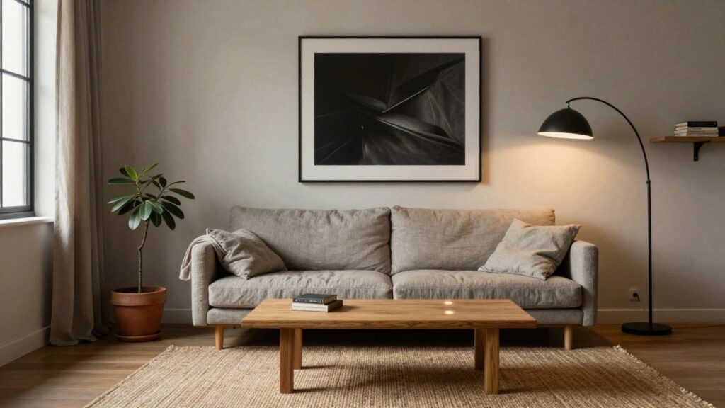 23 Balanced Minimalist Apartment Decor For Calm Living A minimalist indoor living room corner with a light gray linen sofa, low wooden coffee table, black arched floor lamp, wooden side table with potted plant and stacked books, beige seagrass rug, and large window draped in cream curtains.