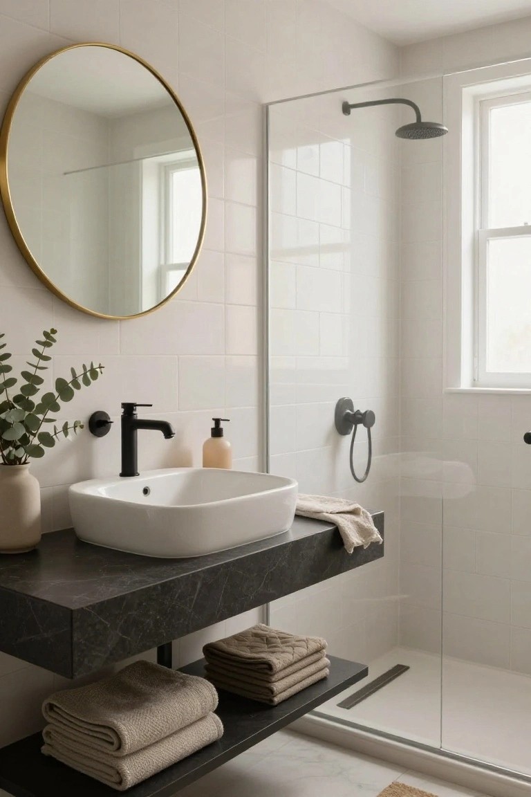 Minimalist bathroom with white subway tile walls, large round brass mirror, black matte faucet over white vessel sink on floating black marble vanity with beige towels on shelf below, glass shower enclosure, and window.