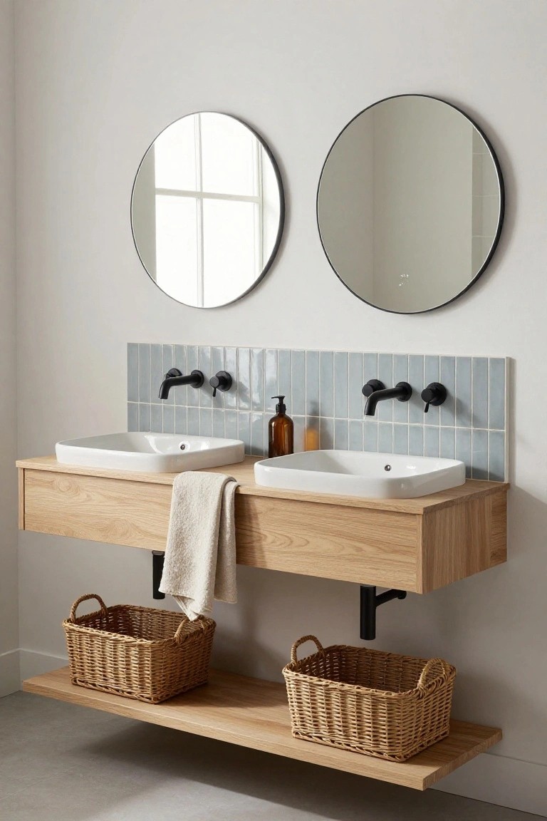 Bathroom with floating oak double vanity, white square sinks, blue subway tile backsplash, black wall faucets, two round black-framed mirrors, soap bottles, towels, and wicker baskets on a lower oak shelf.