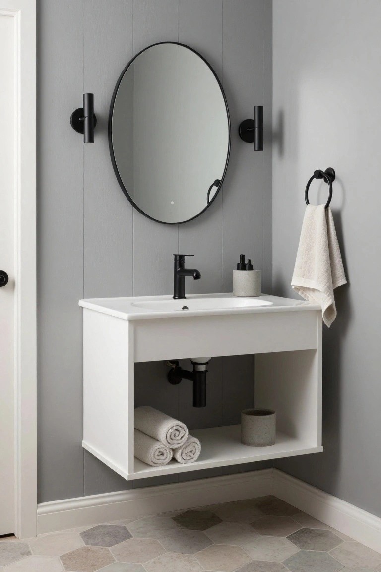 Corner of a minimalist bathroom with gray shiplap walls, a large round black-framed mirror, black wall sconces, a white floating vanity under the sink holding rolled white towels on open shelves, a black faucet, towel ring with hanging towel, and gray hexagonal floor tiles.