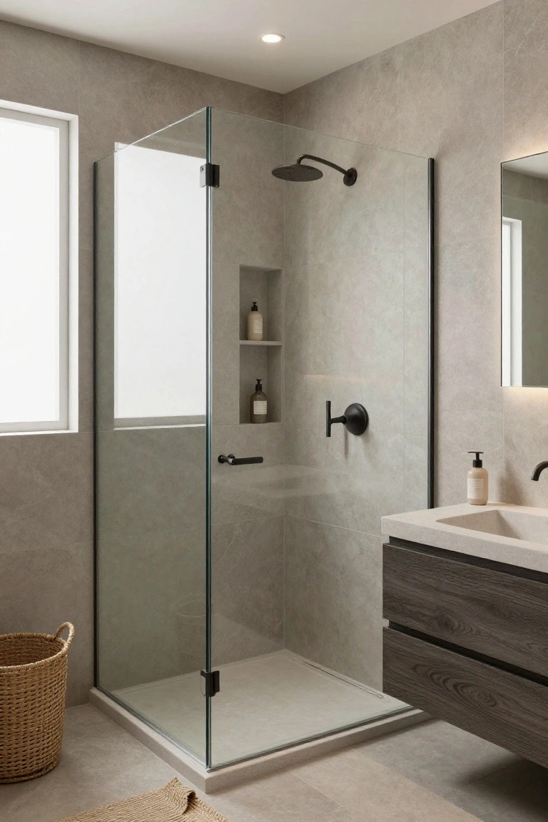 Minimalist corner bathroom with frameless glass shower enclosure, black rain showerhead and fixtures, built-in niche shelves, dark wood floating vanity with sink, woven basket on floor, and light gray walls and tiles.
