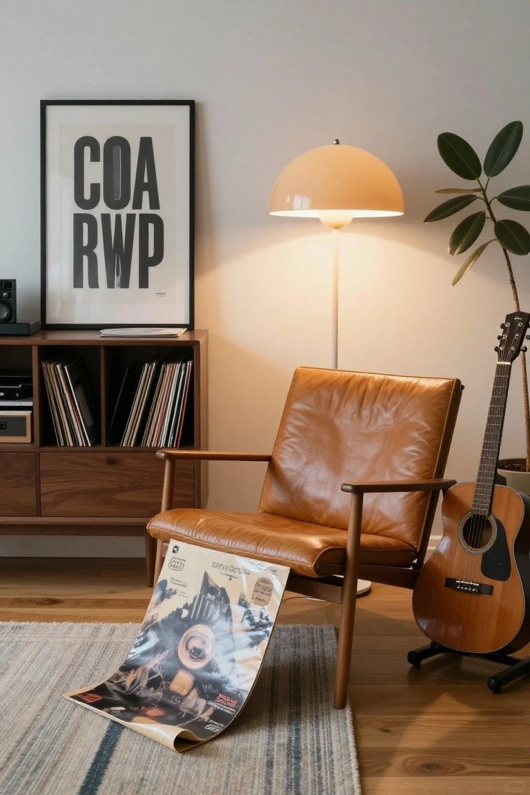 Tan leather armchair with wooden legs and arms in a minimalist room corner with vinyl record shelves, acoustic guitar on stand, large poster draped over arm, wall art poster, peach lamp, and potted plant on light wood floor.