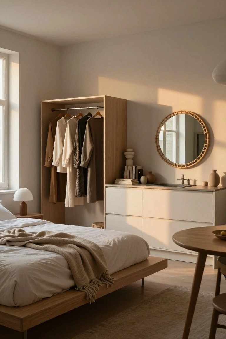 A cozy bedroom corner with an open oak wardrobe holding neutral hanging clothes, a low oak platform bed draped in white sheets and a beige throw, white low dresser, round rattan mirror on the wall, wooden side table with lamp, and soft sunlight through a window.