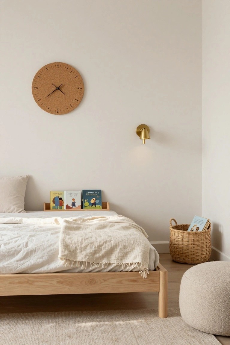 Minimalist bedroom corner with low oak platform bed draped in white linens, wooden shelf holding three children's books above the bed, cork wall clock, gold wall sconce, wicker basket with book, and cream pouf on light wood floors against white walls.