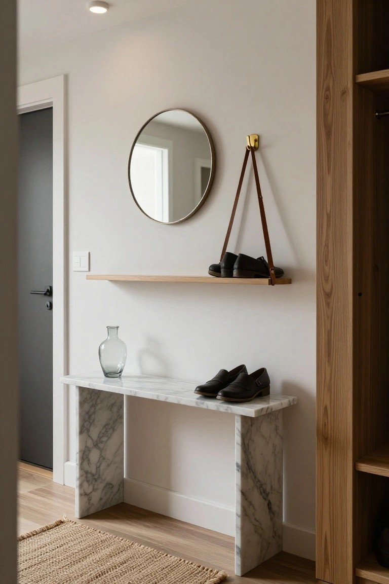 Minimalist entryway with slim white marble console table topped by black loafers and green glass vase, oak floating shelf holding more shoes on leather straps, round gold mirror on white wall, black door, wood cabinet, seagrass rug on wood floor.