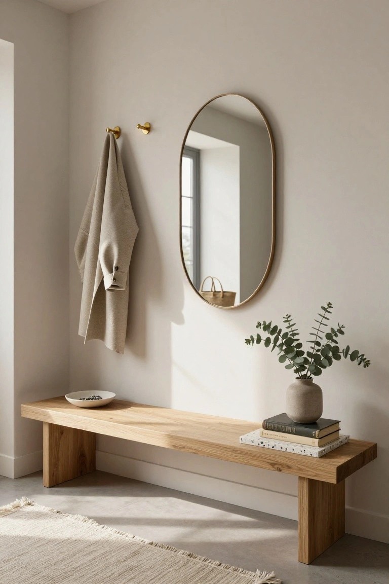A beige entryway with a light wooden bench holding a white bowl, books, and a vase of eucalyptus branches, gold hooks on the wall with a beige coat draped over one, and a large oval gold-framed mirror nearby over a light rug.