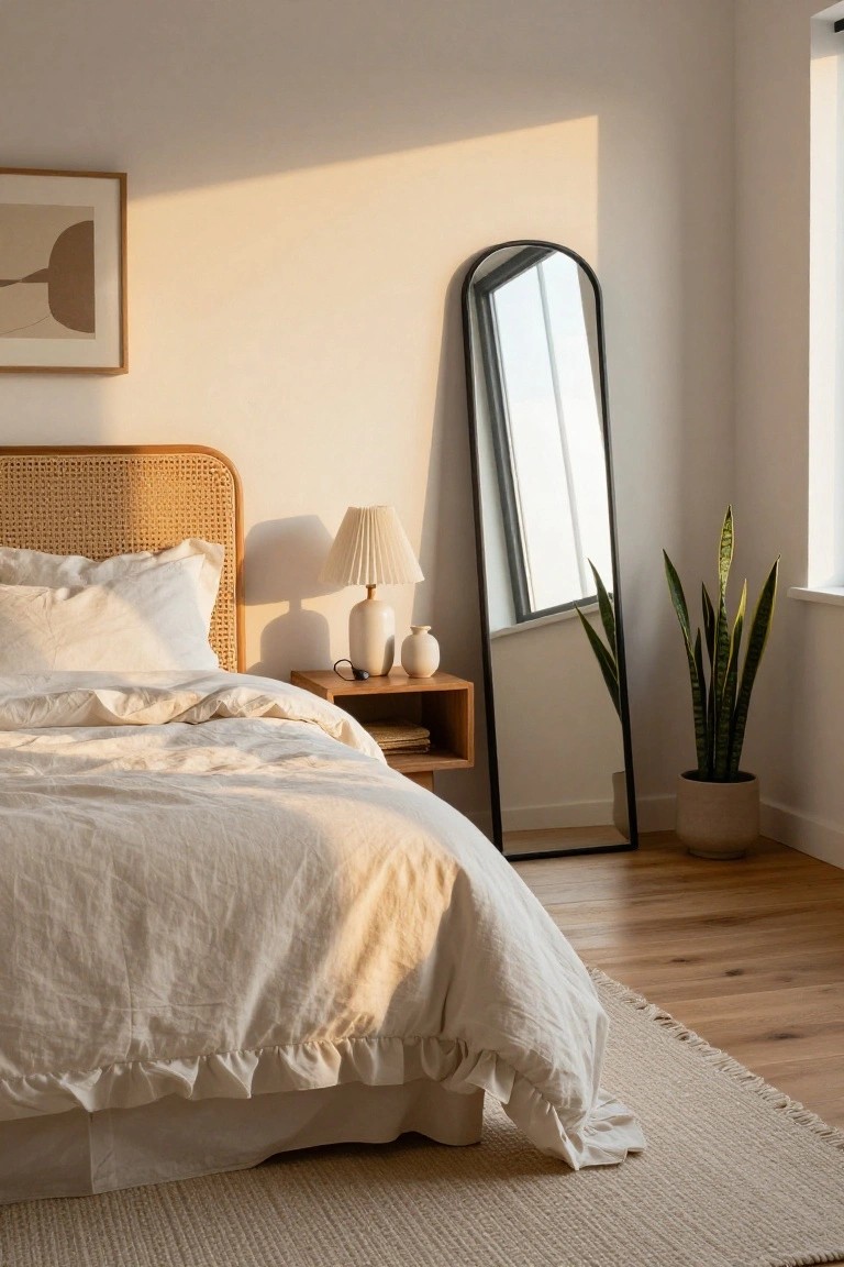 Minimalist bedroom featuring a rattan headboard on a bed with white linen bedding, a wood nightstand with white lamp and vase, tall black arched floor mirror, potted snake plant, beige rug on hardwood floor, and soft sunlight from window.
