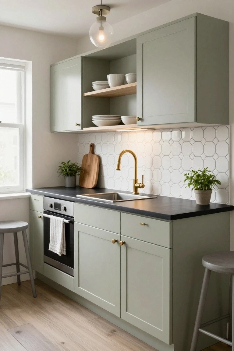 Small apartment kitchen with sage green shaker cabinets, black quartz countertop, brass faucet and knobs, white hexagonal tile backsplash, wooden cutting board, potted plants, and two gray stools on light wood floor.