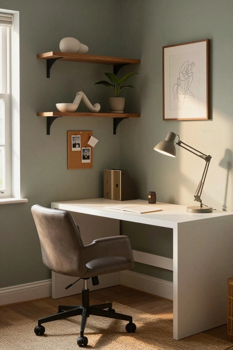 Corner of a room with sage green walls, floating wooden shelves displaying white ceramics and a potted plant, a framed line drawing, corkboard, white L-shaped desk, tan leather office chair on wheels, adjustable desk lamp, and woven basket nearby.