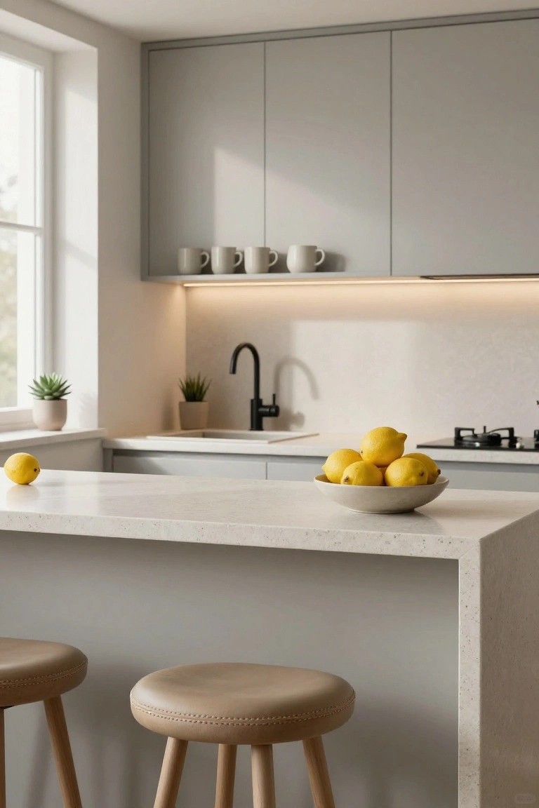 Modern minimalist kitchen with light gray flat-panel cabinets, white quartz island topped with a white bowl of yellow lemons, black matte faucet over a sink, two tan leather bar stools on wooden legs at the island, two potted succulents, and daylight from a side window.