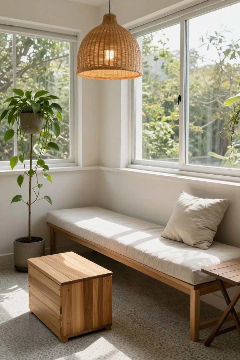 Bright indoor corner room with large sliding windows showing trees outside, a wooden bench with white cushion and pillow, potted plants, wooden storage box, folding side table, and hanging rattan lamp over speckled tile floor.
