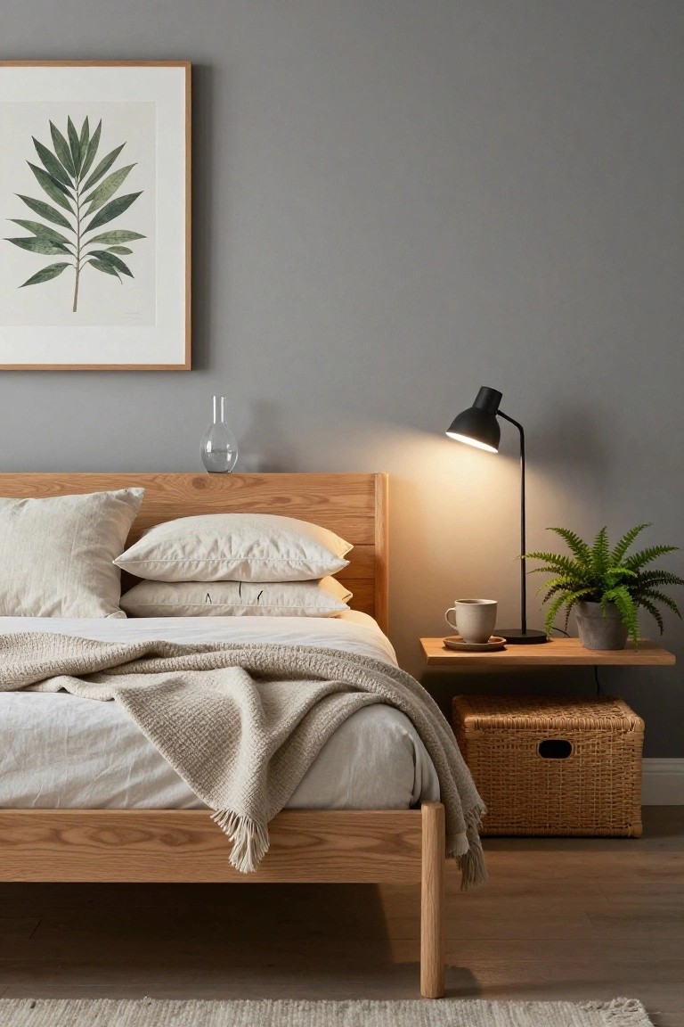 A minimalist bedroom with light oak wood bed frame and headboard, neutral linens and throw, floating wooden nightstand holding black lamp, ceramic mug, saucer, and potted fern against gray walls with framed botanical print.