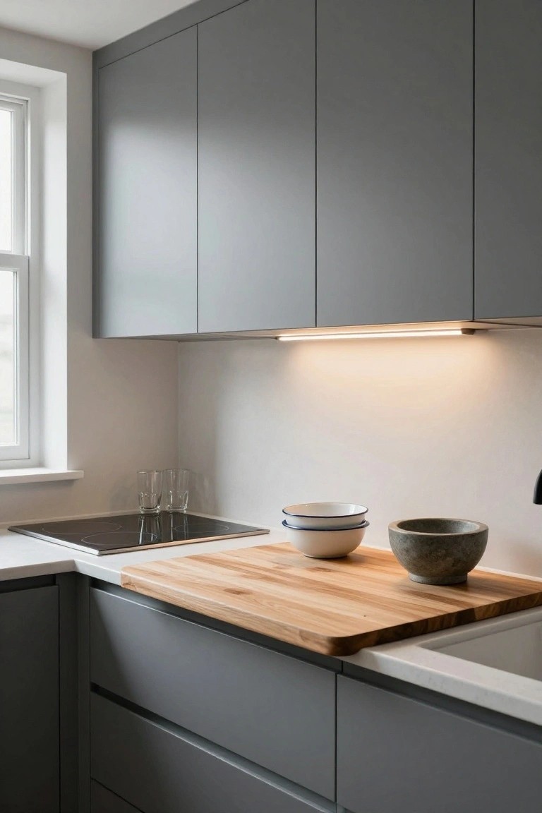 Kitchen corner with gray matte cabinets, white countertop including a flush light wood butcher block section over the sink area, black induction cooktop, stacked white bowls with blue rims, and a stone bowl on the wood.