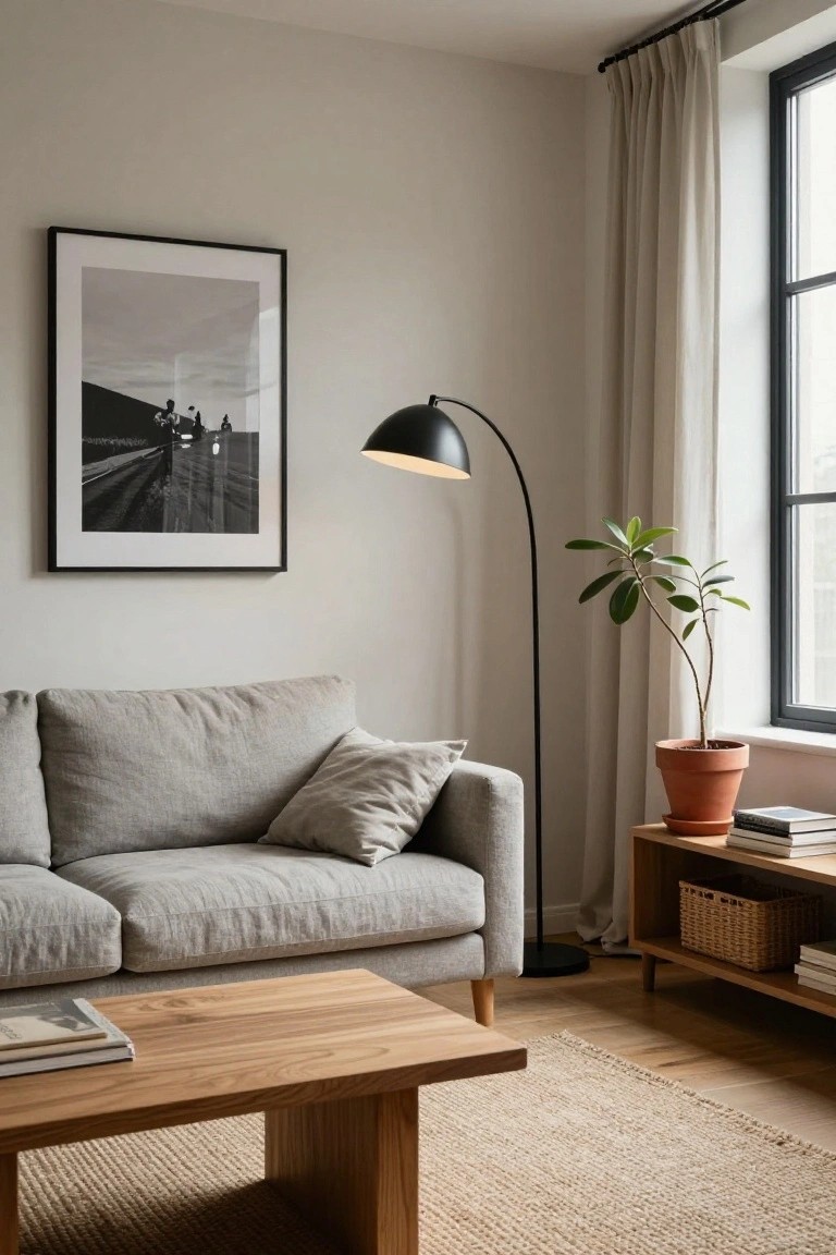 A minimalist indoor living room corner with a light gray linen sofa, low wooden coffee table, black arched floor lamp, wooden side table with potted plant and stacked books, beige seagrass rug, and large window draped in cream curtains.