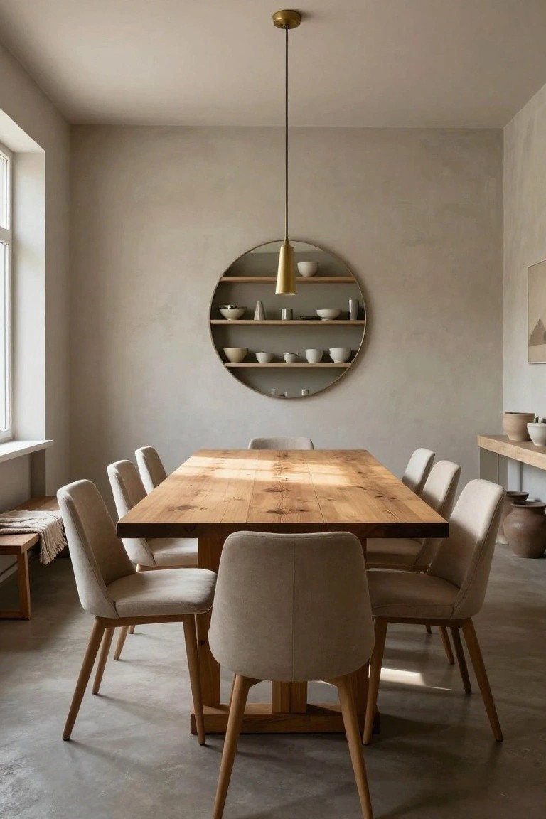 A minimalist dining room with a long rectangular wooden table and eight beige upholstered chairs, a large round mirror with built-in shelves holding ceramic bowls on a beige wall, a pendant light overhead, and a window letting in natural light.