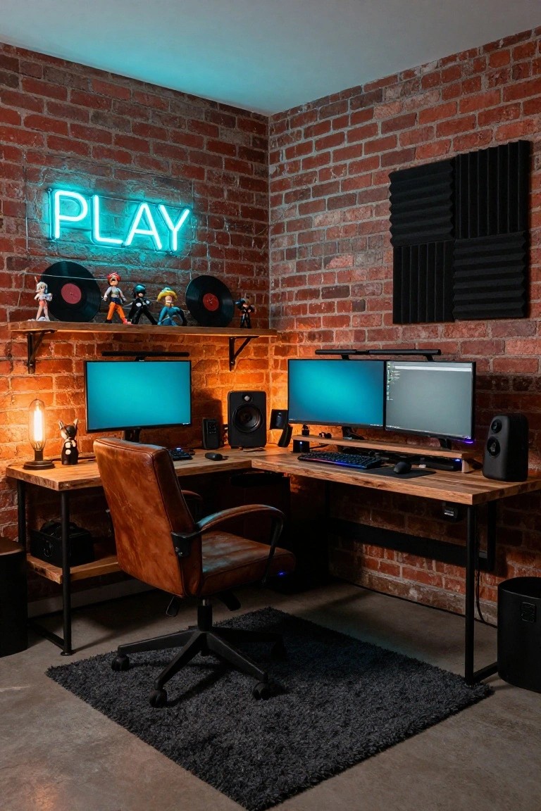 A corner gaming office with exposed red brick walls, cyan neon