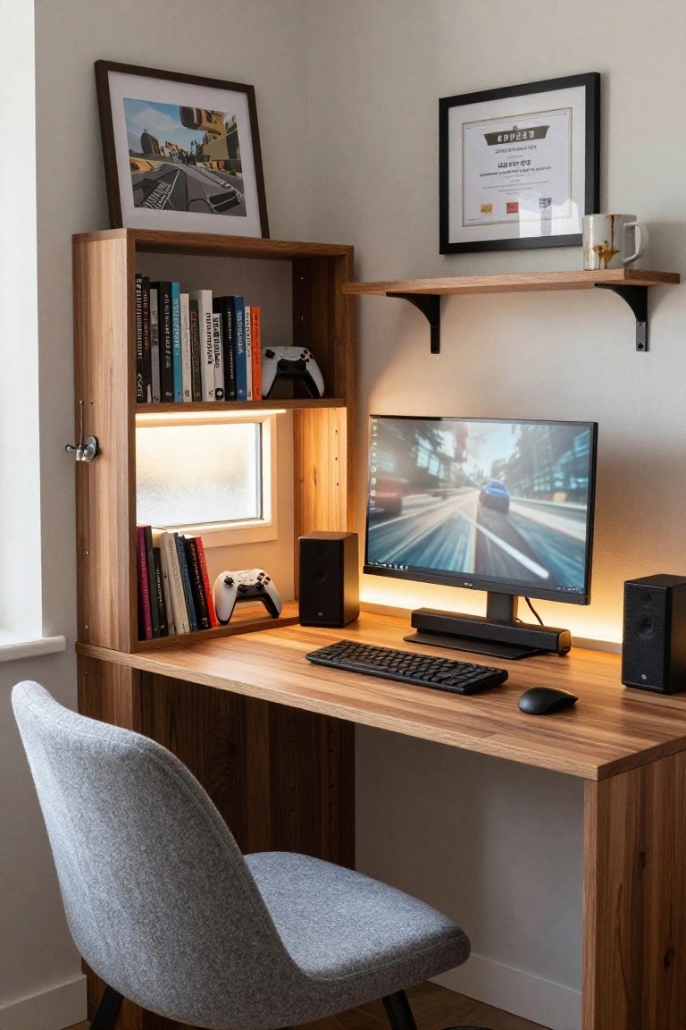 Wooden desk setup in a corner with built-in shelving holding books and gaming controllers, a monitor displaying a racing game on city streets, keyboard, mouse, speakers, and a gray upholstered chair.