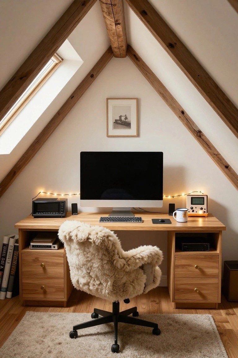 Cozy attic home office with exposed wooden beams and skylights, wooden desk holding iMac monitor and keyboard, fluffy white shearling armchair, string lights, toaster oven, and bookshelves.